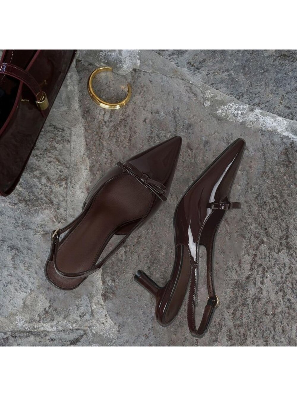 Women's Chocolate Slingback Kitten Bow Ankle Strap Buckle Pointed Toe Heels - Picture 4 of 6